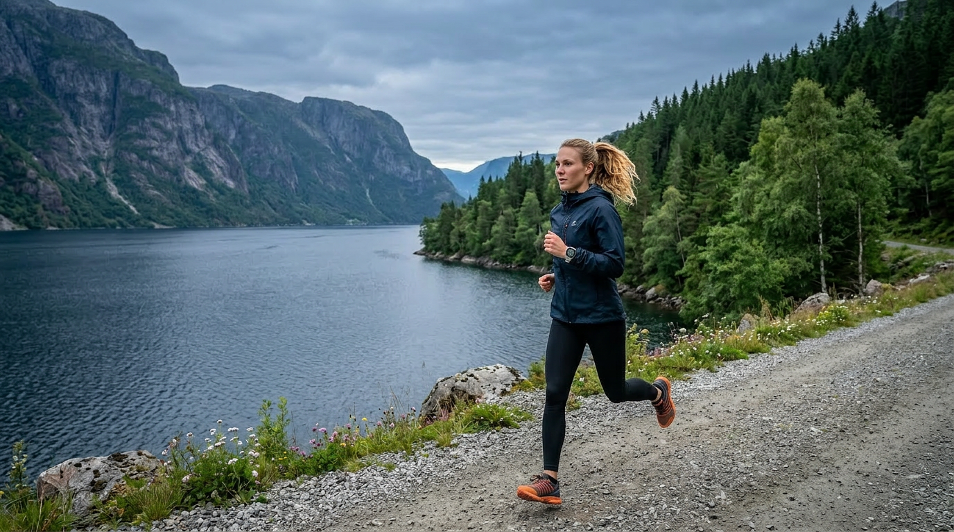 Runner training along a fjord